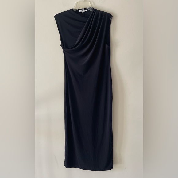 Women’s Black Draped Asymmetrical Zara Midi Dress - Picture 1 of 3